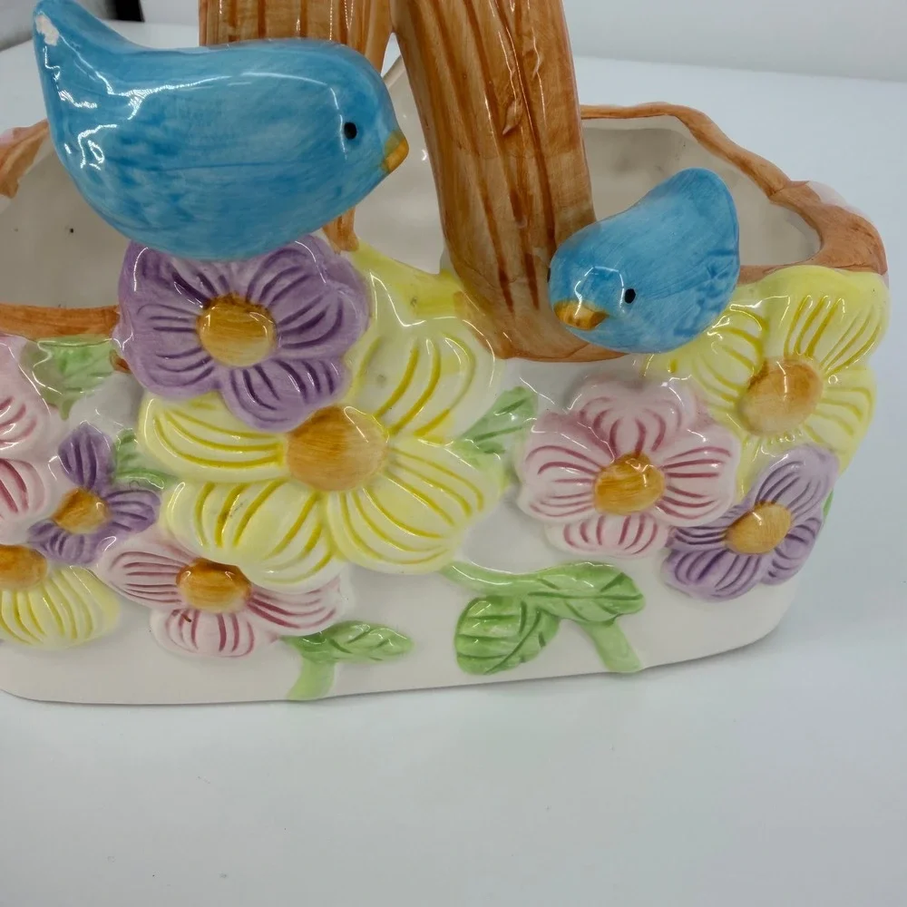 Teleflora Floral Basket Planter Blue Birds Multicolor Ceramic Spring Cottagecore